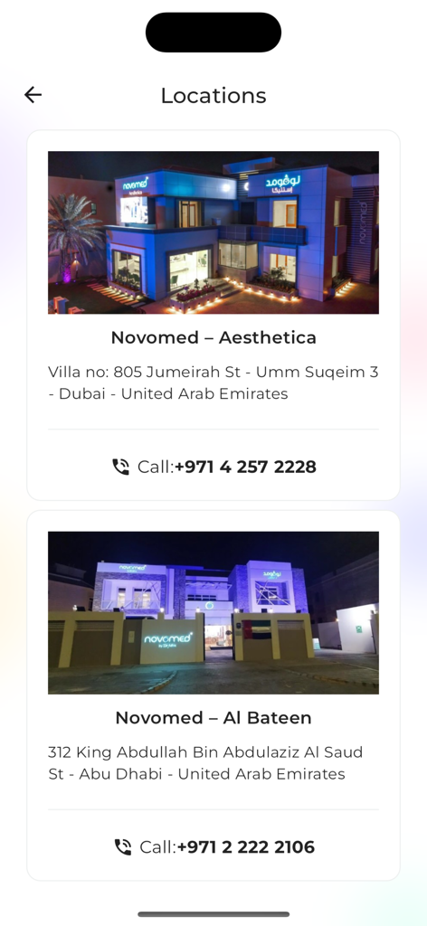 Novomed Centers - Novomed Centers app locations screen showing modern medical facilities in Dubai and Abu Dhabi with contact information