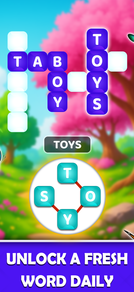 Word Fit - Game - Word Fit game interface showing a word puzzle grid and letter selection wheel over a relaxing nature background