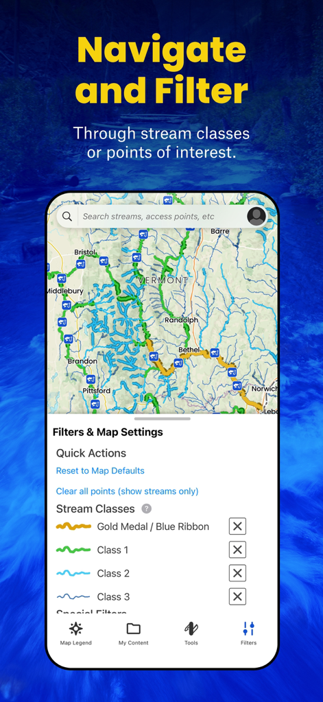 TroutRoutes: Fly Fishing App - TroutRoutes app interface displaying stream class filters and a topographic map of Vermont trout streams