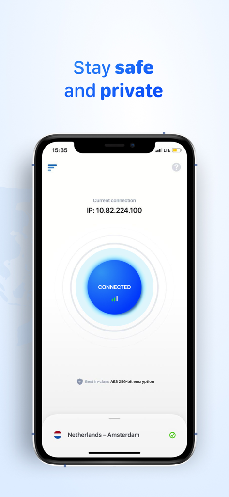 Among VPN - Hotspot Shield - Among VPN app interface displaying a successful connection to a server in Amsterdam