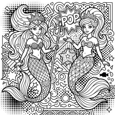 Unleash your inner artist with this vibrant Pop Art-inspired coloring page featuring two enchanting mermaid princesses. Immerse yourself in a world of bold outlines, playful patterns, and underwater royalty, ready for your creative touch.