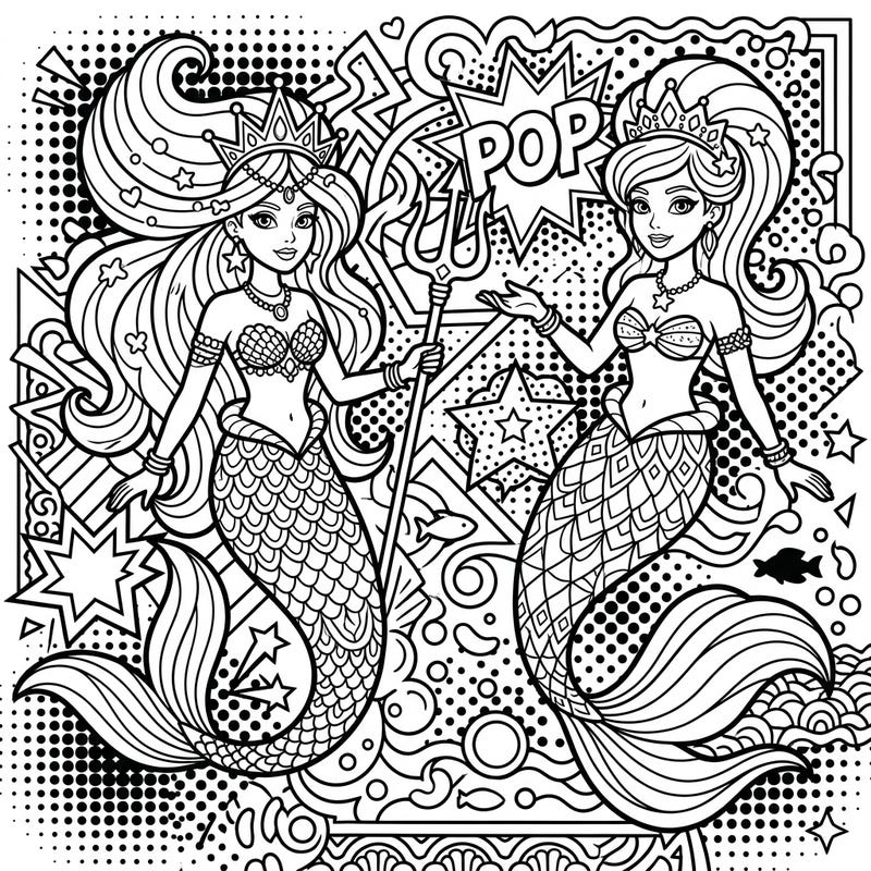 Unleash your inner artist with this vibrant Pop Art-inspired coloring page featuring two enchanting mermaid princesses. Immerse yourself in a world of bold outlines, playful patterns, and underwater royalty, ready for your creative touch.