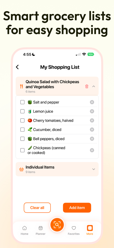Meal Plan Identifier - Foojy - Una pantalla de teléfono inteligente que muestra la lista de compras inteligente de la aplicación Foojy para una receta de ensalada de quinoa.