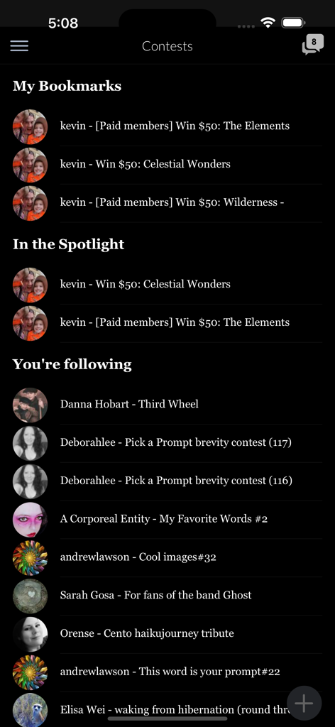 Allpoetry Poetry.app - Captura de tela do aplicativo Allpoetry mostrando concursos de poesia marcados com prêmios em dinheiro e um feed de escritores seguidos