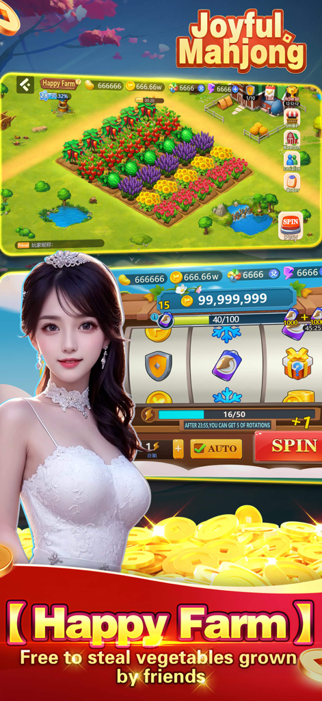 Joyful Mahjong - Lami、Casino - Écran de jeu Joyful Mahjong montrant le mini-jeu Happy Farm et une machine à sous