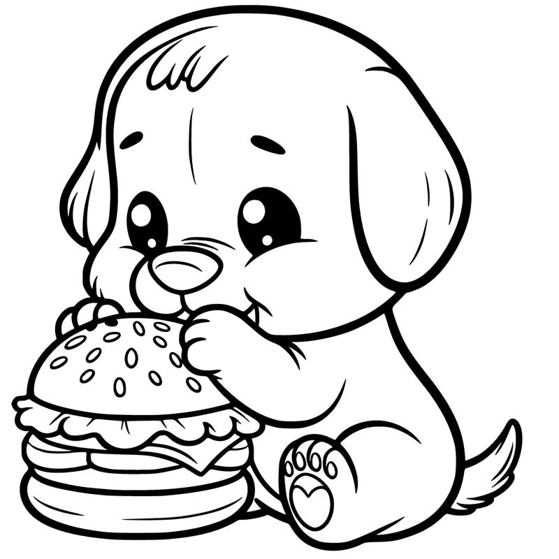 puppy eating a cheeseburger