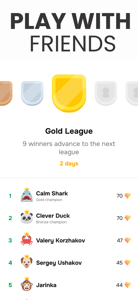 English Grammar: Gramaro - Classement de l'application Gramaro montrant les classements des utilisateurs et les points dans la Ligue Or