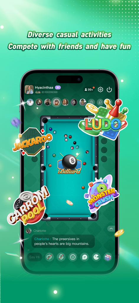 Aoda - Aoda Mobile App-Oberfläche, die verschiedene Gelegenheitsspiele wie Billard und Ludo in einem sozialen Chatraum zeigt.