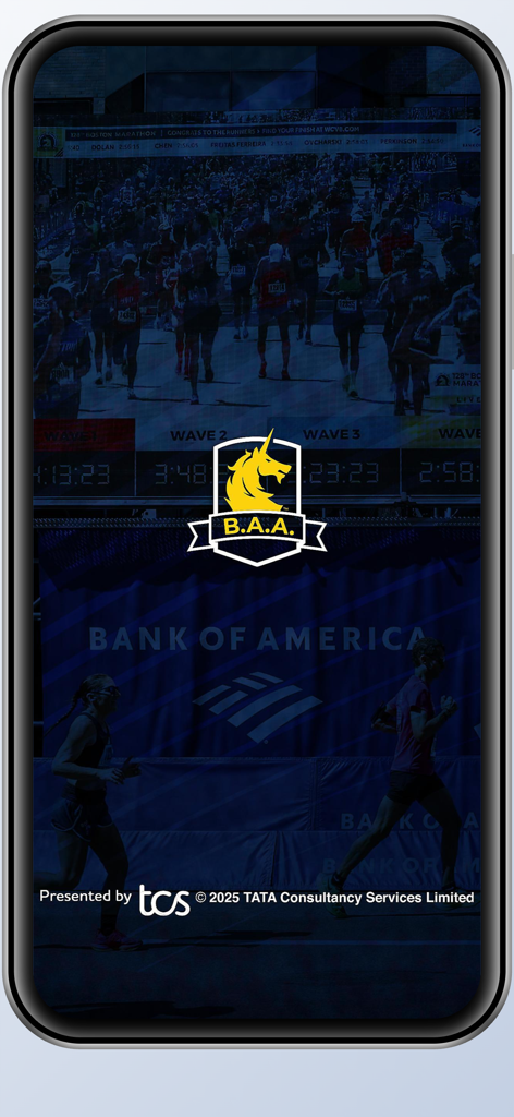 B.A.A. Racing App - The B.A.A. Racing App splash screen showing the official unicorn logo and runners on the marathon course.