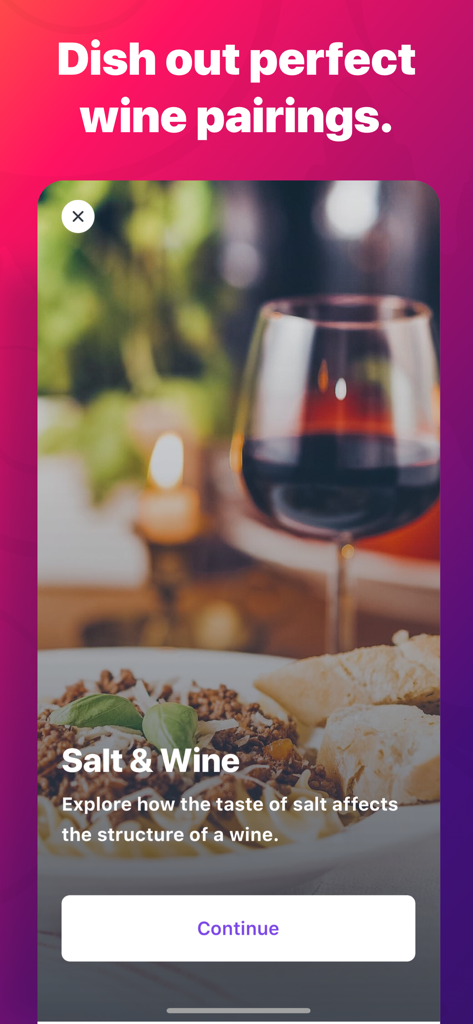 True Wine - True Wine app screen teaching food and wine pairings with a glass of red wine and a pasta dish