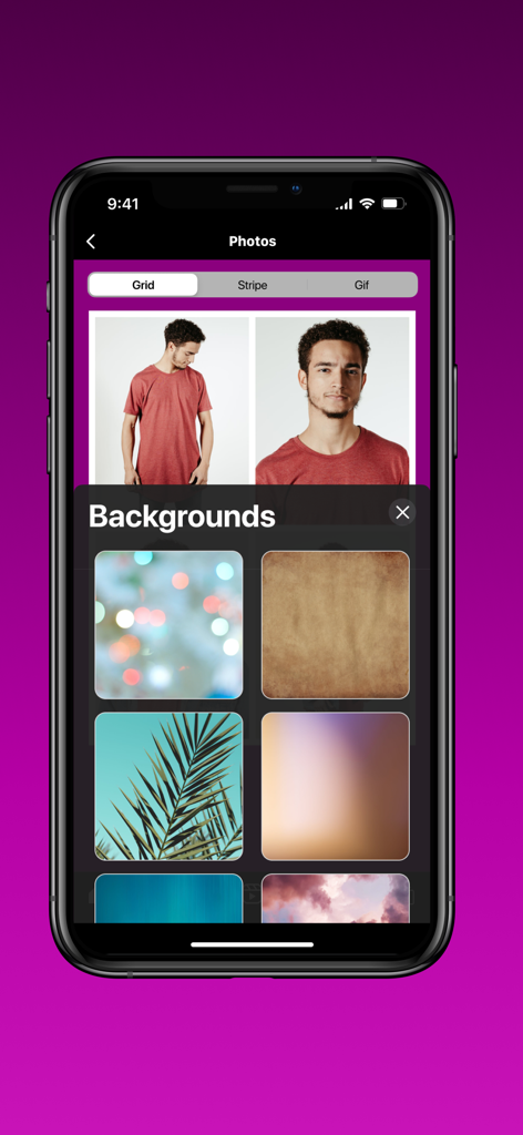funEvent 360 photo booth - Background selection screen in the funEvent 360 photo booth app showing various custom photo background templates.