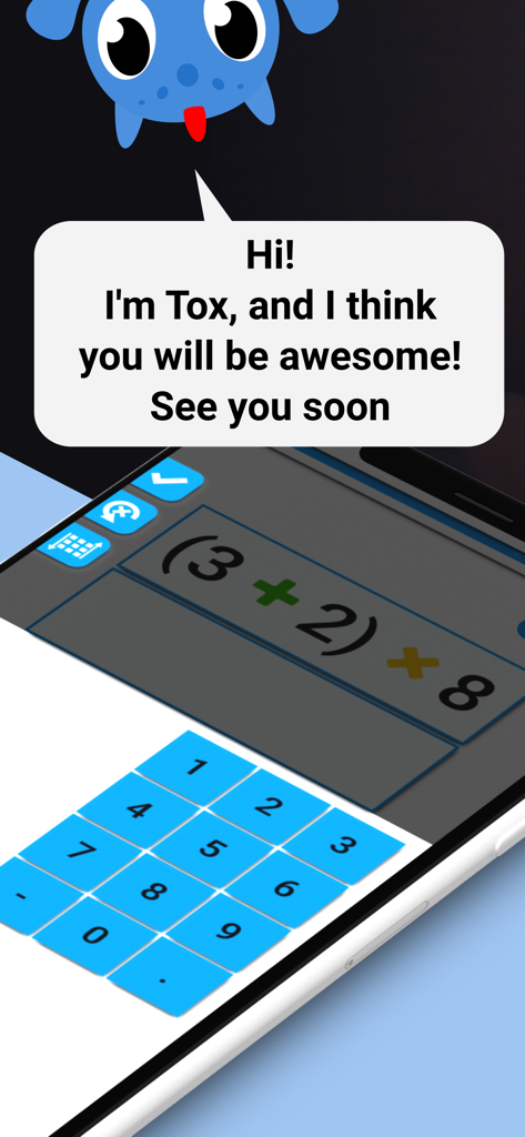 Matix: mental math training - The mascot Tox introducing a math equation in the Matix mental math app