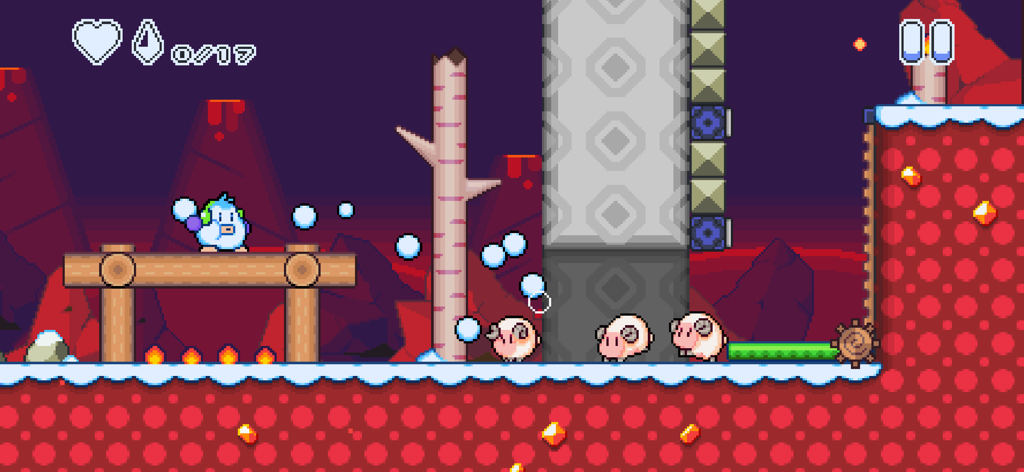 Snow Kids - Mr. Penguin throwing snowballs at pink ram enemies in the retro pixel art volcano stage of Snow Kids