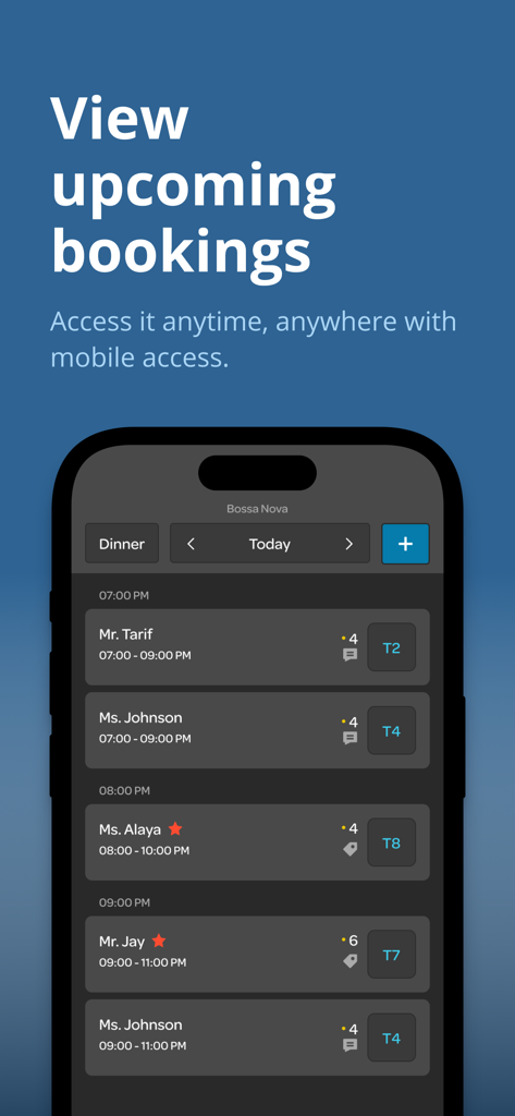 ResDiary Plus - ResDiary Plus 앱에서 다가오는 레스토랑 예약 및 테이블 배정을 표시하는 스마트폰 화면