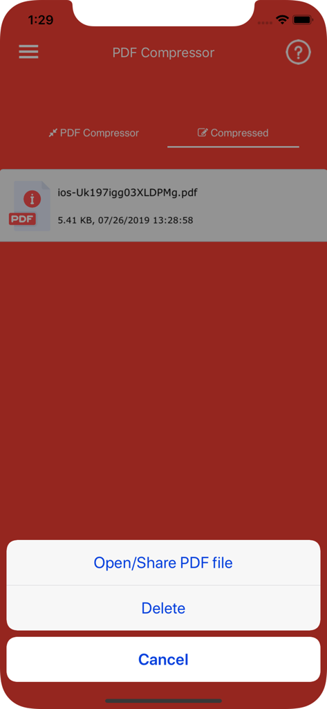 PDF Compressor - Compress PDF - Screenshot of the PDF Compressor app showing a compressed file with an action menu for sharing or deleting
