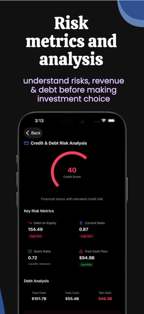 Stock Market - AI Insights - Stock market app interface showing credit and debt risk analysis with key financial metrics and a risk gauge.