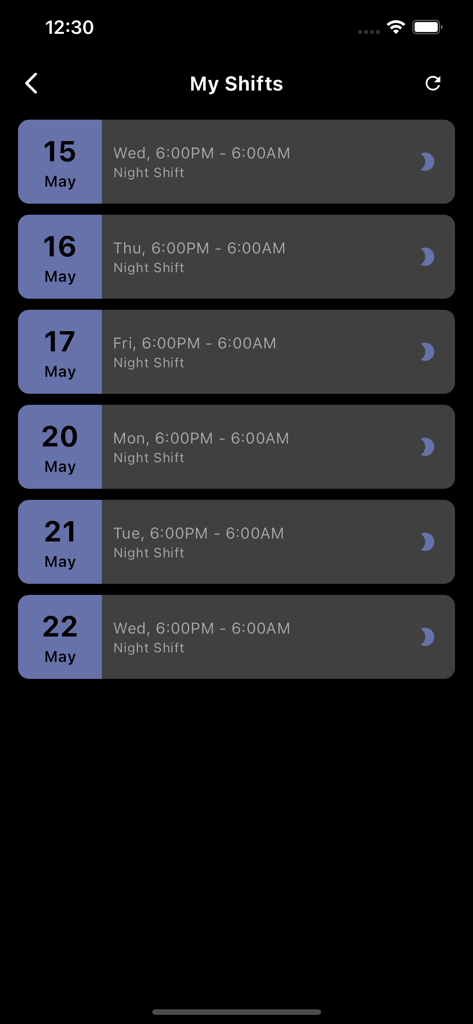 ReadiOne by Fatigue Science - A tela Meus Turnos no aplicativo ReadiOne exibindo uma lista de turnos noturnos agendados das 18:00 às 06:00 para gerenciamento de fadiga.