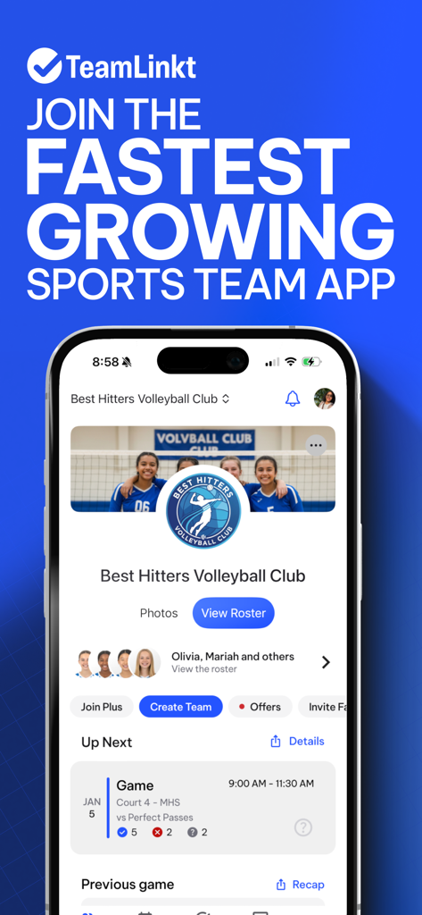 TeamLinkt - Sports Team App - TeamLinkt sports team management app dashboard showing a volleyball club schedule and roster