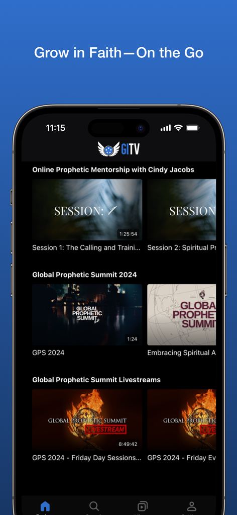 Generals TV - Pantalla de inicio de la aplicación Generals TV con videos de mentoría profética y transmisiones en vivo de cumbres.