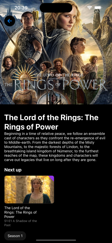 Interfaccia dell'app Streamyfin che mostra i dettagli della serie Il Signore degli Anelli con sinossi e sezione del prossimo episodio