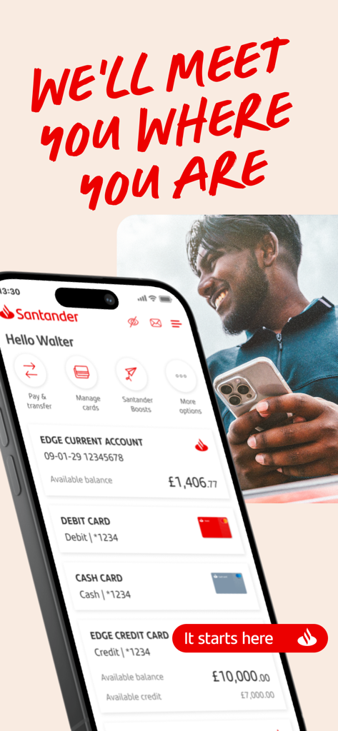 Smartphone mostrando la interfaz de la aplicación Santander Banca Móvil con saldos de cuenta y opciones de gestión de tarjetas