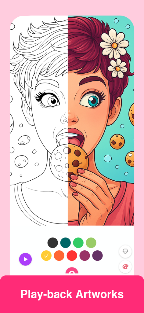 A split-screen illustration in Colorgram showing the transition from a line drawing to a fully colored artwork of a woman eating a cookie.