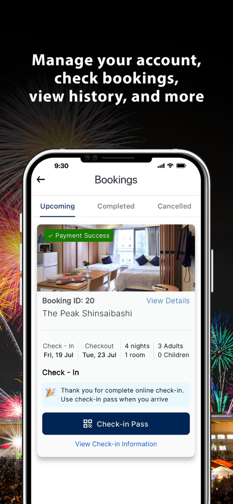 Okini Home - Mobile app screen showing upcoming booking details and digital check-in pass for an Osaka B&B