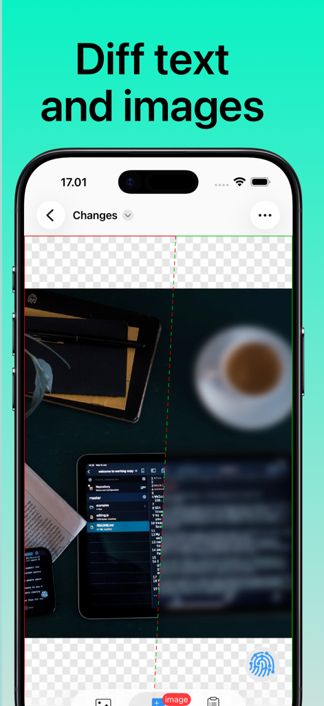 Git client - Working Copy - iPhone-Screenshot des Working Copy Git-Clients, der einen geteilten Bildschirm zur Bildvergleichsanzeige zeigt