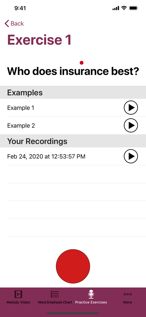 Adding Melody To Your Voice app practice exercise screen with recording and audio examples.
