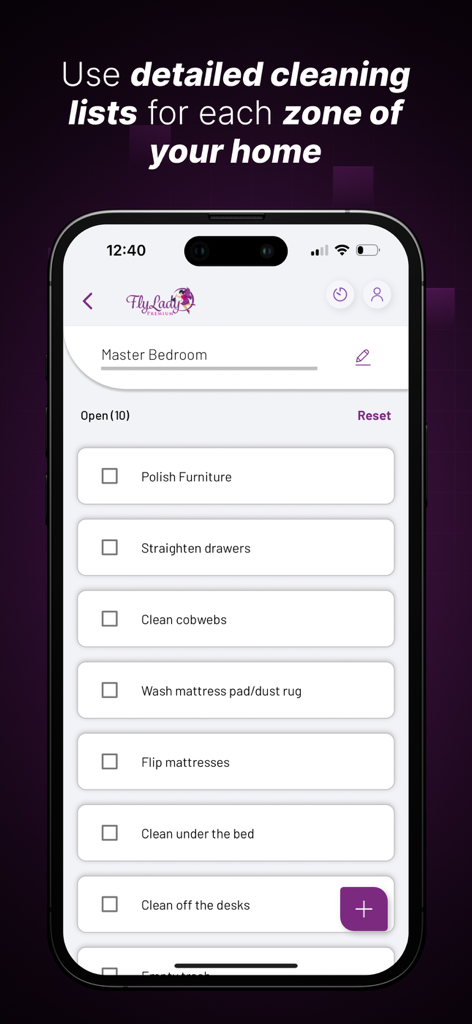 FlyLady: Routines & Cleaning - A detailed cleaning checklist for the master bedroom within the FlyLady app showing tasks like polishing furniture and cleaning cobwebs