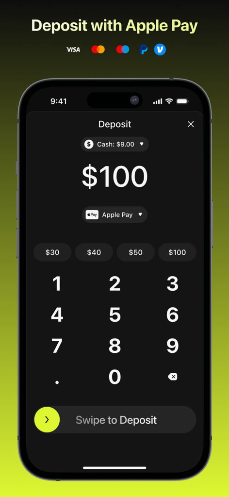 DexToro mobile app screen showing the deposit interface with Apple Pay integration