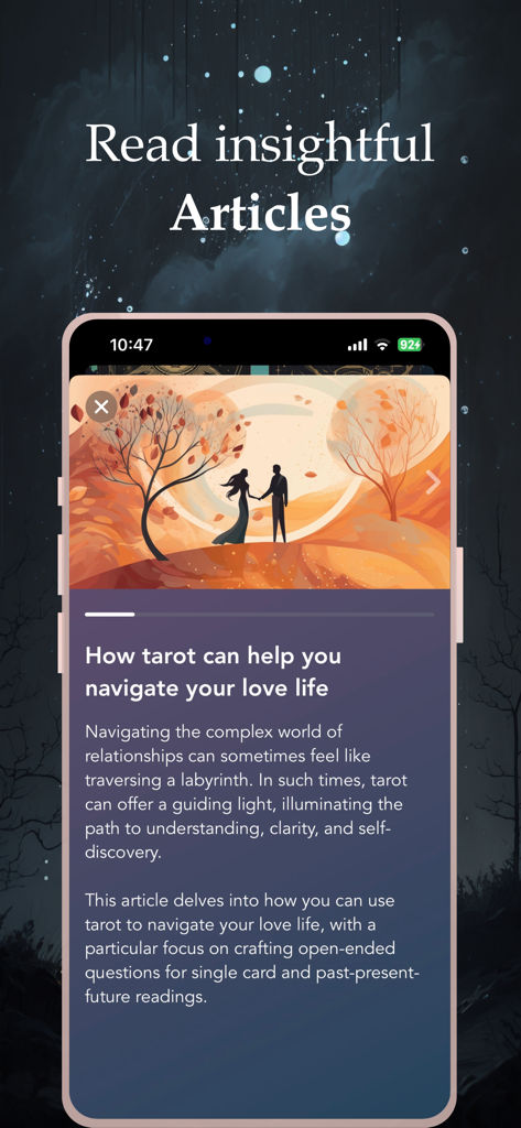 Uma tela móvel mostrando um artigo sobre o uso de tarot para orientação amorosa no aplicativo Witch