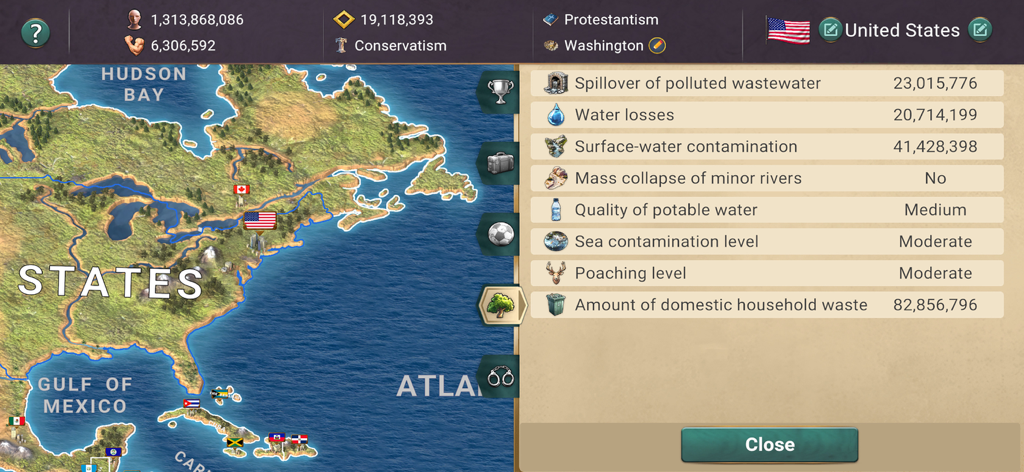MA 3 – President Simulator - Dashboard mit Umweltstatistiken, das Wasserverschmutzung und Abfallpegel für die Vereinigten Staaten in Modern Age 3 President Simulator zeigt.