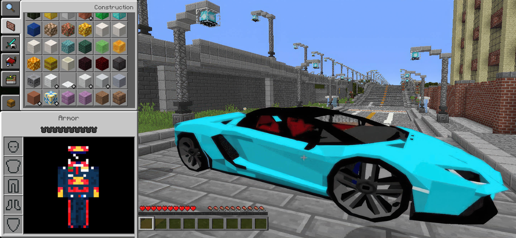 A bright blue sports car added to Minecraft with a character skin and inventory menu