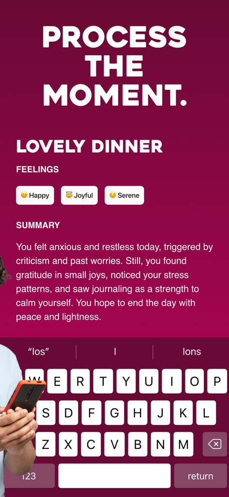 Breaking bad Habits: Quit Now - Mobile app interface displaying a summary of feelings and an AI-generated reflection titled Process the Moment.