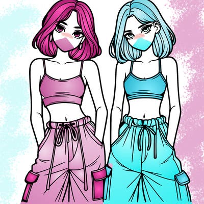 two girls with crop top with baggy pants