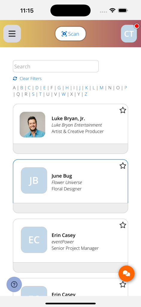 ShoApp - Mobile screen of ShoApp showing a directory of event attendees with names and professional titles
