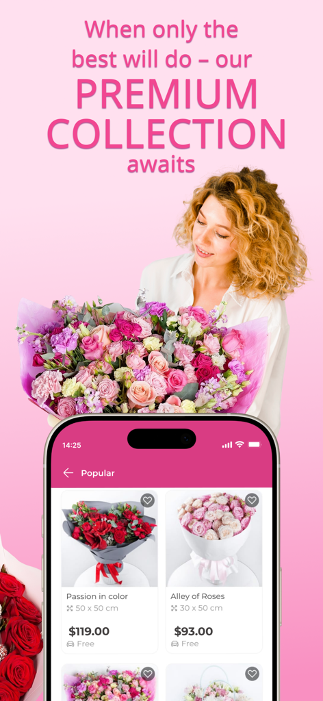 My Global Flowers Delivery - Mujer sosteniendo un gran ramo de flores junto a un smartphone que muestra la colección premium de la aplicación My Global Flowers con precios.