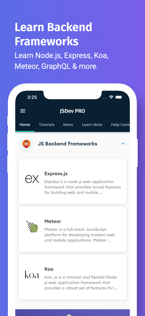 App screen showing tutorials for JavaScript backend frameworks like Express and Meteor