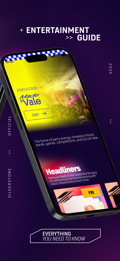 Silverstone Events - Interface do guia de entretenimento do aplicativo Silverstone Events mostrando o palco Made at Vale e a programação dos headliners.