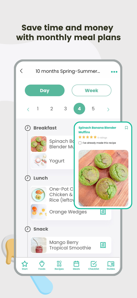Pantalla de la aplicación móvil que muestra un plan de comidas diario para un bebé de 10 meses con recetas saludables e ideas de snacks.