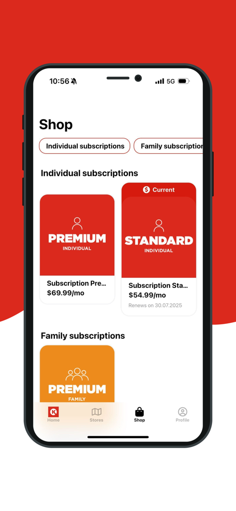 My Carwash (CK) - Tela da loja do aplicativo Meu Lava-Rápido exibindo planos de assinatura premium e padrão para indivíduos e famílias.