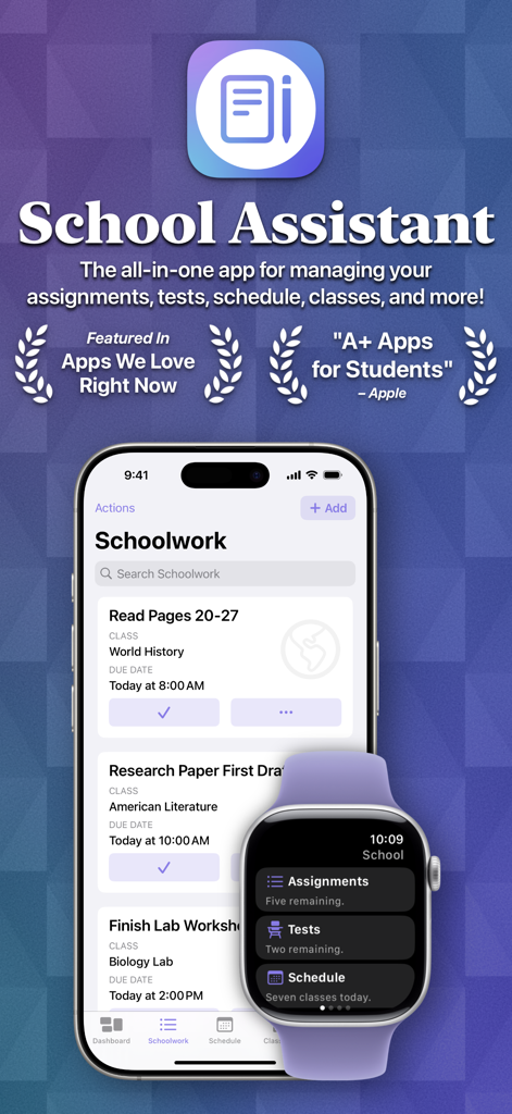 School Assistant app interface showing academic assignments on an iPhone and a summary dashboard on an Apple Watch