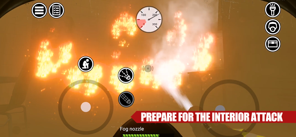 Emergency Call - Attack Squad - First person view of a firefighter using a fog nozzle to extinguish a room fire in Emergency Call Attack Squad