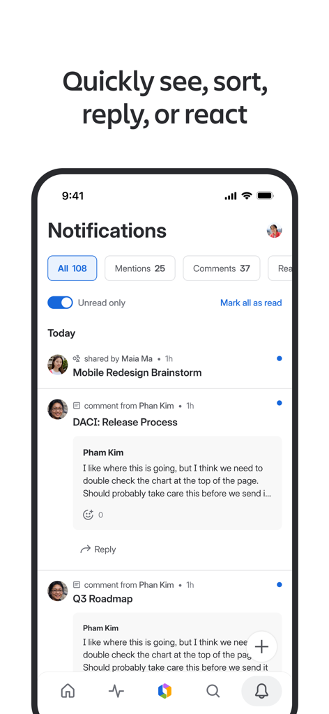 Confluence Cloud mobile app notifications screen showing filtered project updates and comments