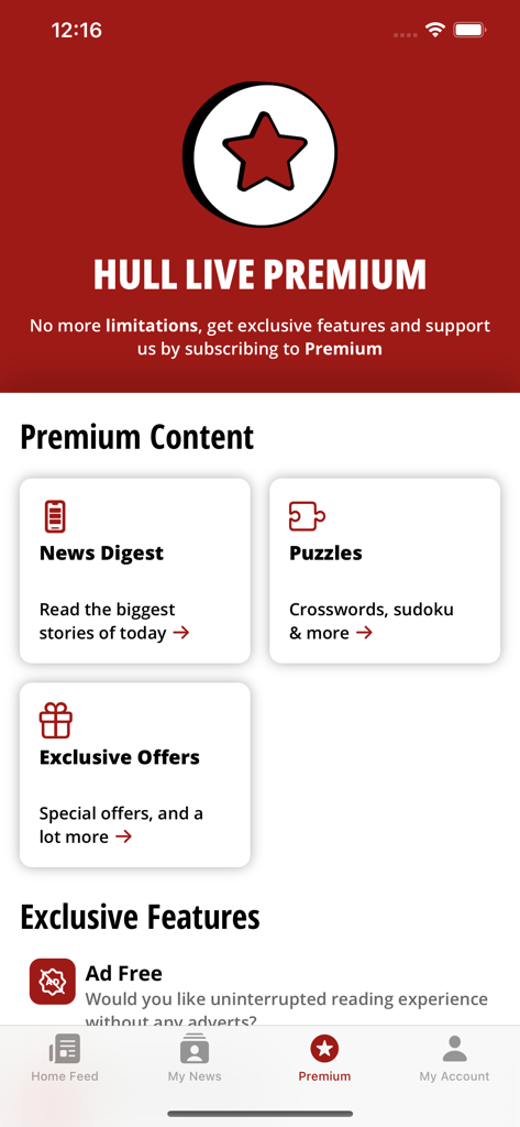 Hull Live app premium subscription screen showing exclusive features like news digest, puzzles, and ad-free browsing.