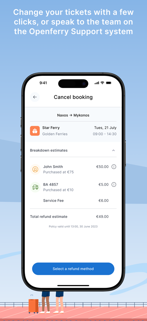 Openferry: Ferry Tickets - Interfaccia dell'app Openferry che mostra una stima di cancellazione e rimborso per un viaggio in traghetto da Naxos a Mykonos.