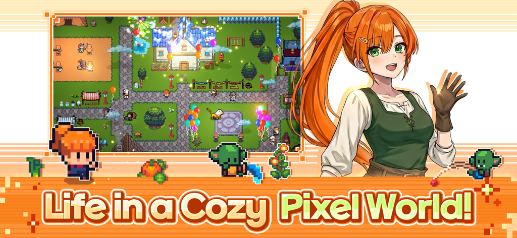 A top down view of a pixel art town in Pixel Guardians with an anime character in the foreground