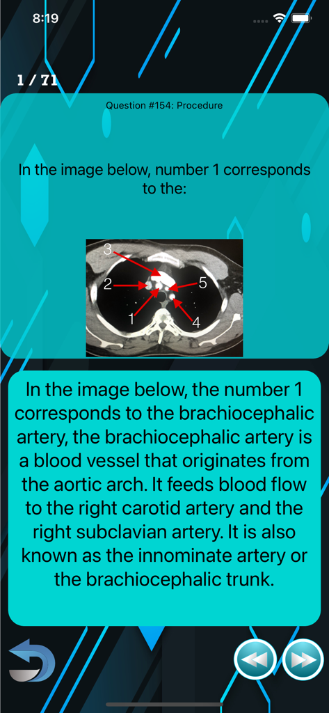 CT Registry Test Pro app screen displaying an anatomy quiz question with a labeled chest CT scan.