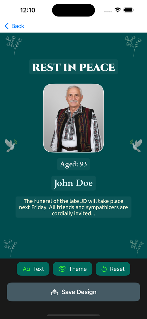 A screen from the Funeral Poster Maker app displaying a memorial announcement design for an elderly man with edit and save options